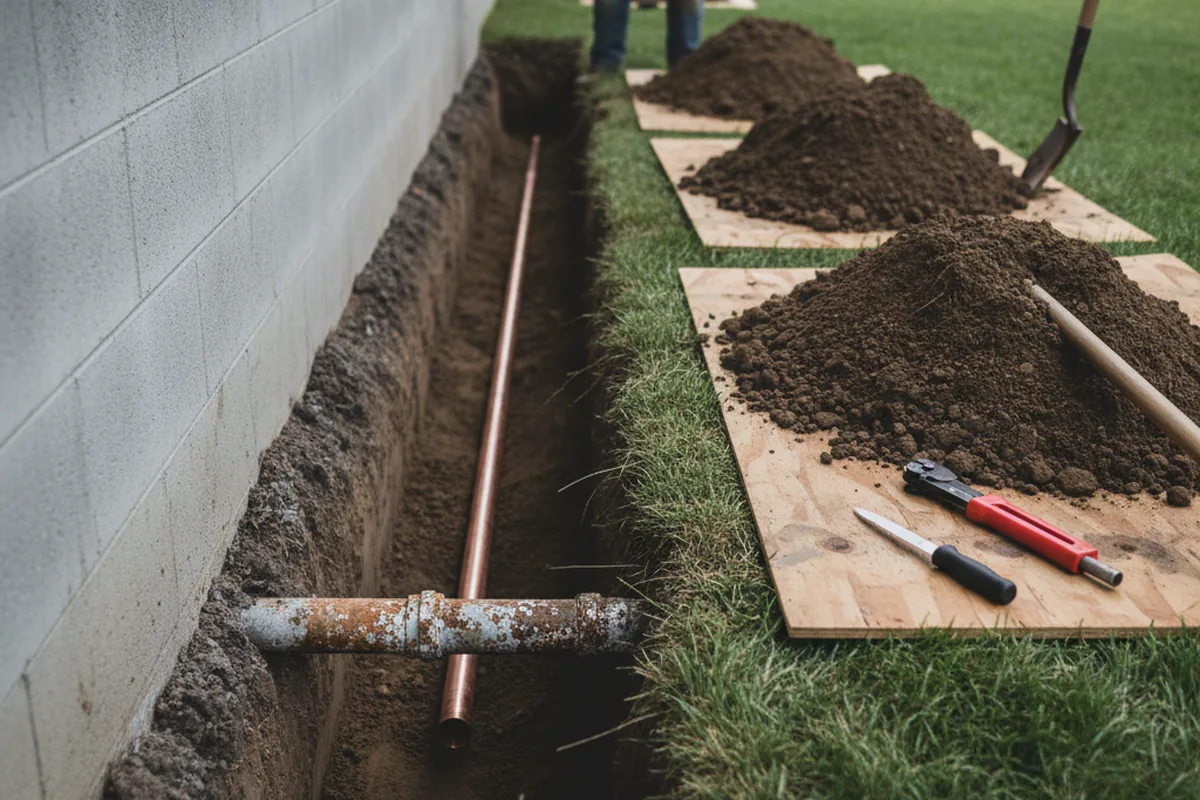 Excavated water line trench during Water Softener Installation in Lafayette